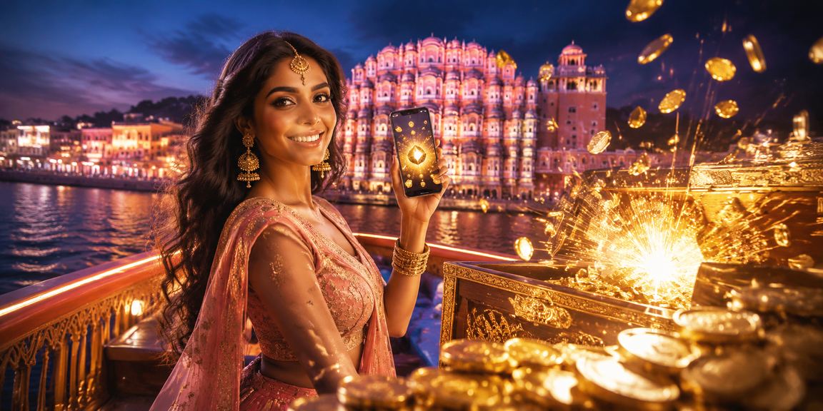 Young woman playing Andar Bahar on mobile phone app near Jaipur landmarks